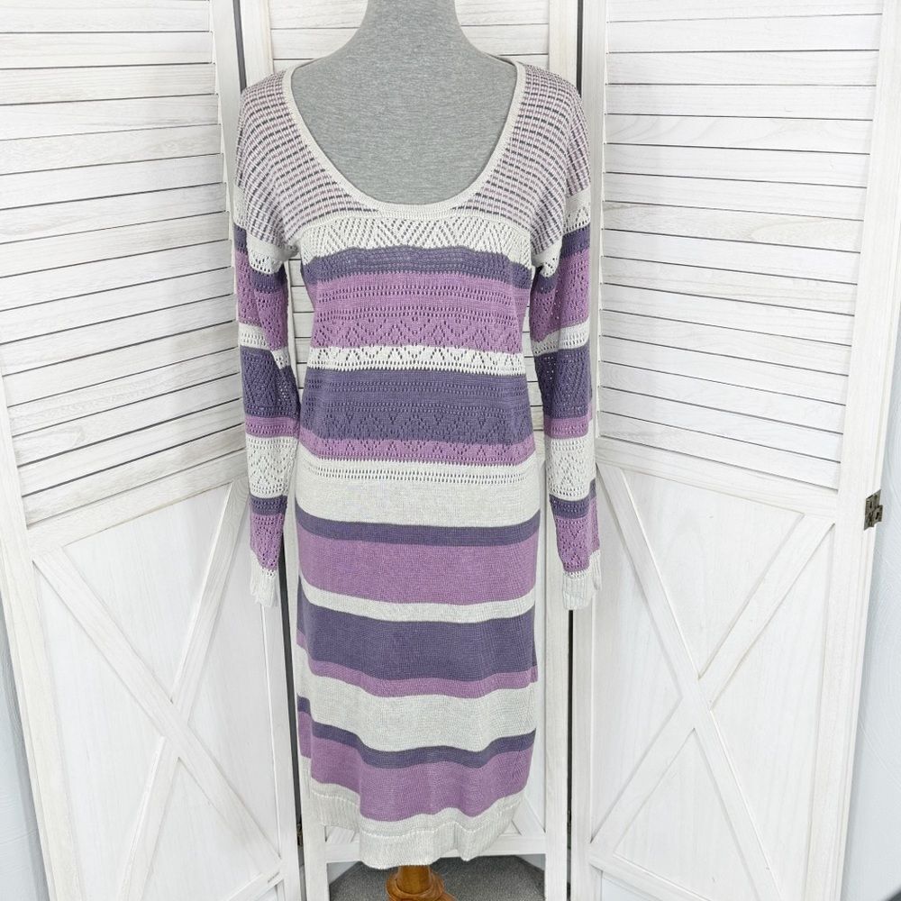 Moda International Vintage Linen Knit‎ Striped Sweater Dress Purple Grey Medium
